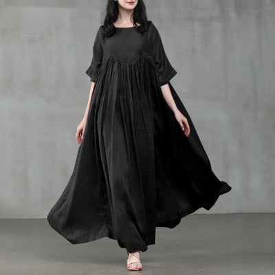 Summer Dresses Women 2023 Casual Fashion Solid Color Round Neck Pleated Cotton Linen Long Dress Elegant Dresses for Women Robe