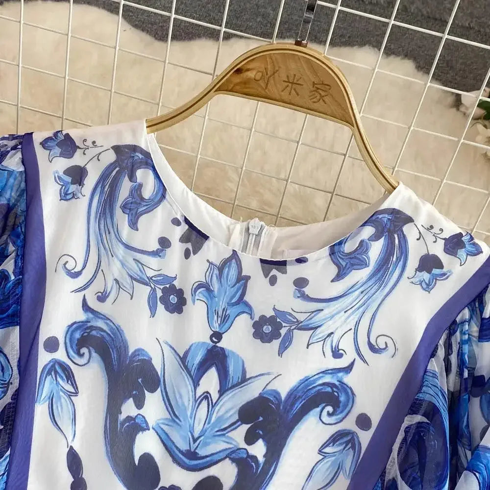 Women Clothing O Neck Flare Sleeve Large Swing Maxi Dress New Summer Bohemian Blue And White Porcelain Print Chiffon Vestidos