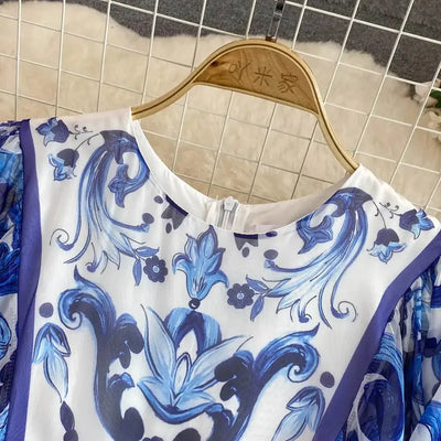 Women Clothing O Neck Flare Sleeve Large Swing Maxi Dress New Summer Bohemian Blue And White Porcelain Print Chiffon Vestidos
