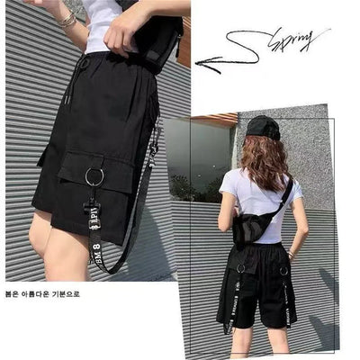 Cargo Shorts Women Harajuku Black Oversized Wide Leg Shorts Summer Streetwear Fashion High Waist Baggy Short Pants Girls