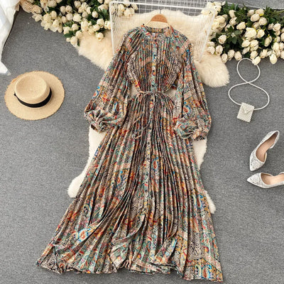 Retro Print Elegant Pleated Lace-up Chiffon Long Sleeve Dress A-line Blouse French Casual V-neck High Waist Women Summer Dresses