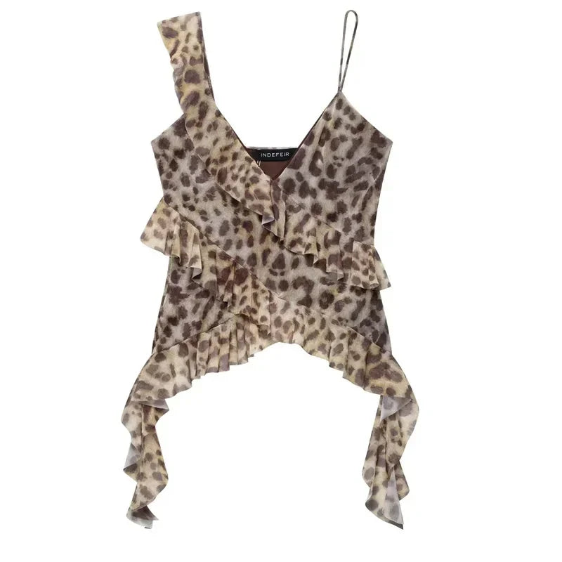 TRAF Leopard Crop Tops For Women Ruffle Sleeveless Printed Tops Summer Backless Tulle Camisole Top Woman Sexy Asymmetrical Top