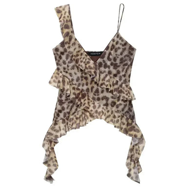 TRAF Leopard Crop Tops For Women Ruffle Sleeveless Printed Tops Summer Backless Tulle Camisole Top Woman Sexy Asymmetrical Top