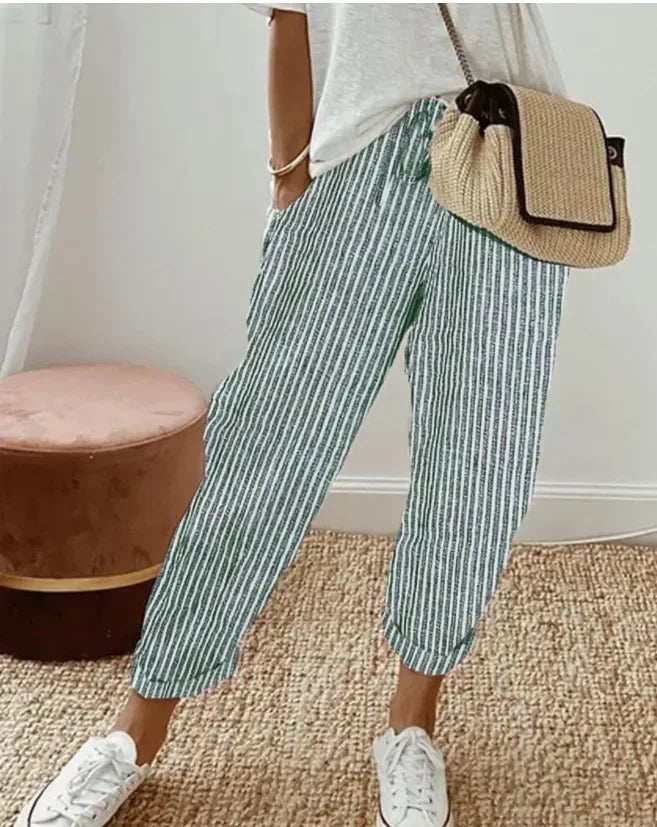 2025 New Women's Trousers Stripes Casual Loose Fashion Elastic Waist Pocket Straight Basic Pants