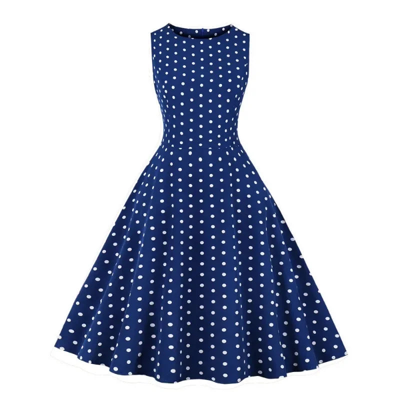 2025 New Women Party Dress Dot Print Sleeveless A Line 50s Evening Gowns Red A-line Tight Waist Prom Banquet Summer Midi Dress - Elanique