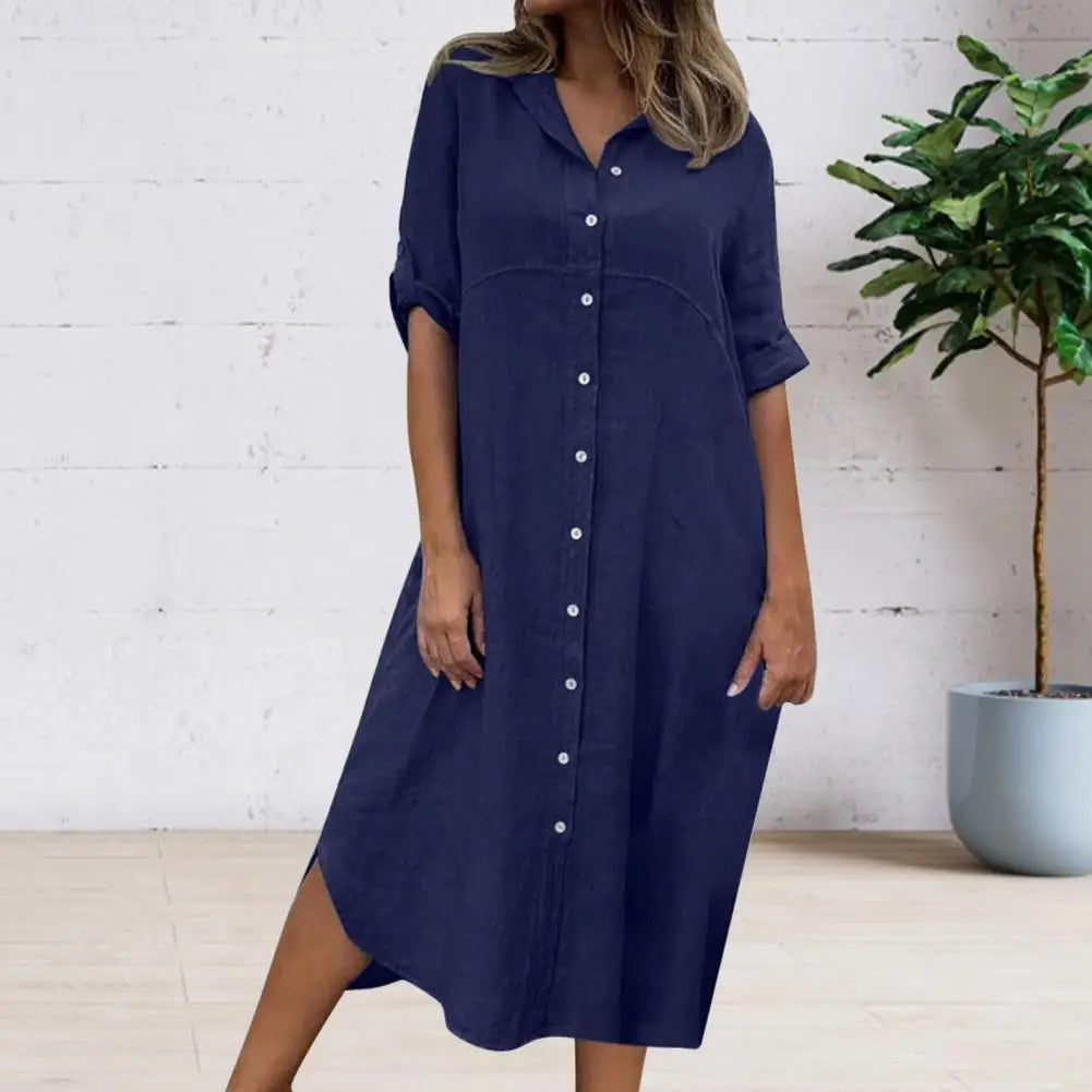 Women Dress Summer Single-breasted Half Sleeves Turn-down Collar Loose Solid Color Buttons Commute Midi Dress Female Vestidos