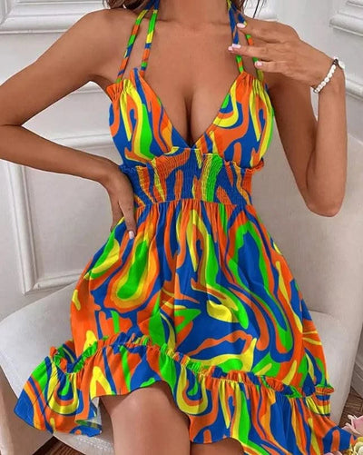 Summer Dresses For Women Trendy Solid Boho Dress V Neck Sleeveless Halter Backless Sundress Ruffles Holiday Beach Dresses