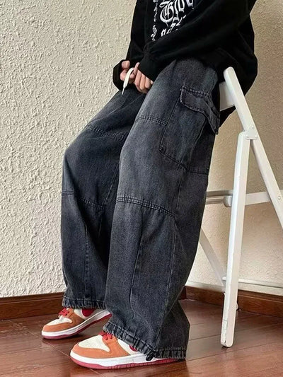 Denim Trousers For Men Adjustable Drawstring Y2k Versatile Baggy Cargo Jeans Men's Hippie Jogging Wide leg Pants Male Streetwear