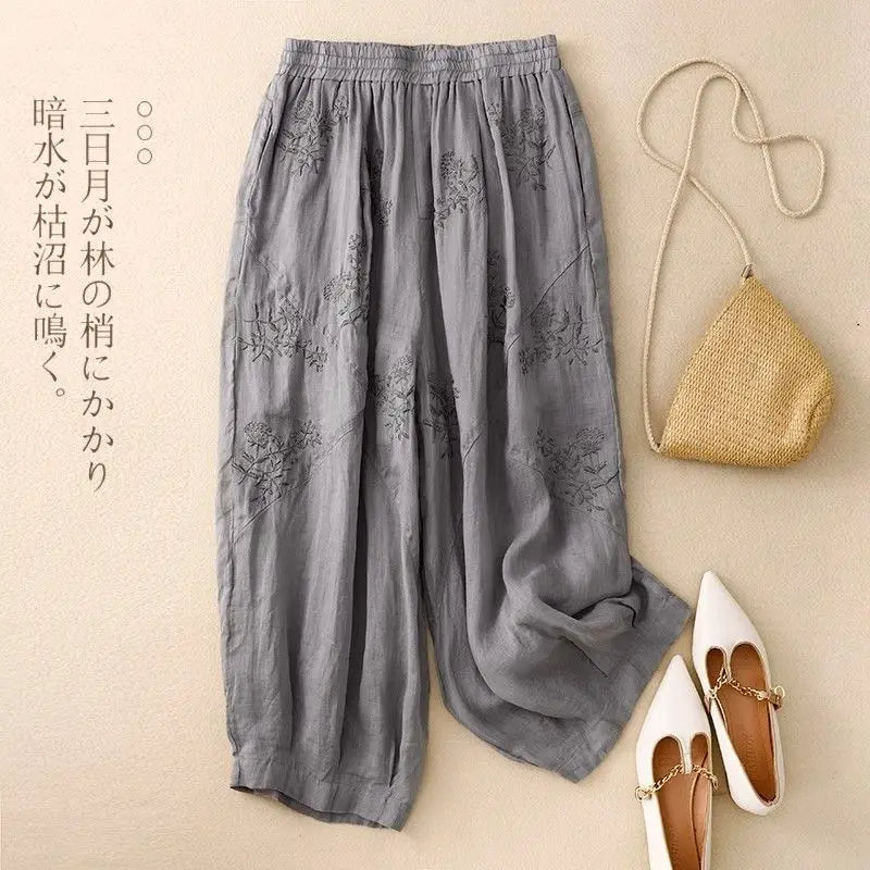 Cotton and Linen Harem Women Summer Vintage Embroidery Lightweight Breathable Lantern Pants