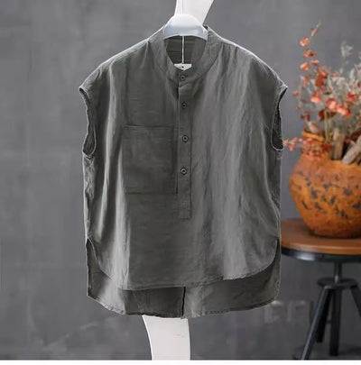 Artistic Style Cotton Linen Short Sleeves Shirt for Women Summer Solid Loose Stand Collar Temperament Top Fashion Women Clothing