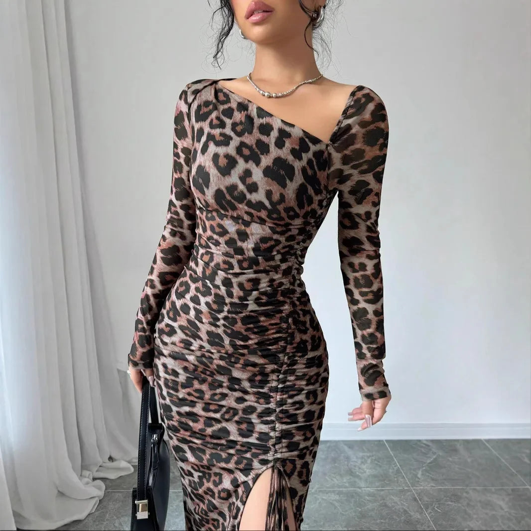 Sexy Leopard Print Women's Dresses Fashion Ruffled Sexy Slit Party Dress For Women Spring Summer  Bodycon Package hip Vestidos