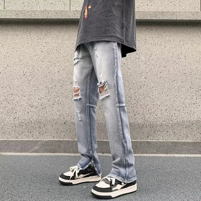 Summer Mens Ripped Jeans Blue Loose Fit Hole Wide-leg Pants Casual Fashion Trousers Streetwear High quality Denim Man Clothing