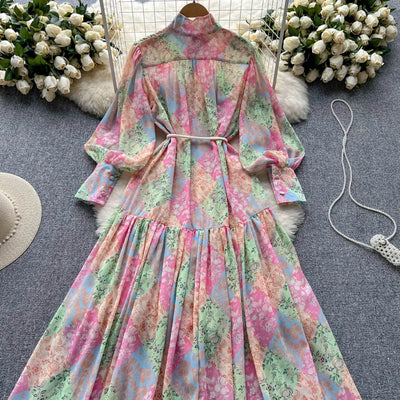 Long Dress Women Dresses A Line Chiffon Vestidos Stand Collar Streetwear Floral Print Elegant Splice Y2k Party Night High Waist