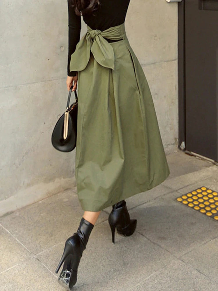 Stylish Solid A-line Skirts for Women Preppy School Style High Elastic Waist Long Skirt With Bow Woman Clothing Women's Skirts