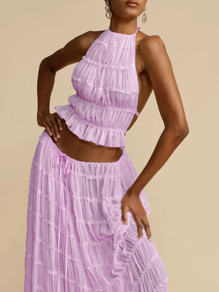 2025 Women Summer Loungewear Suits, Halter Short Top Maxi Skirts 2PCS Matching Sets, White Color Fashion Backless Ladies Outfit