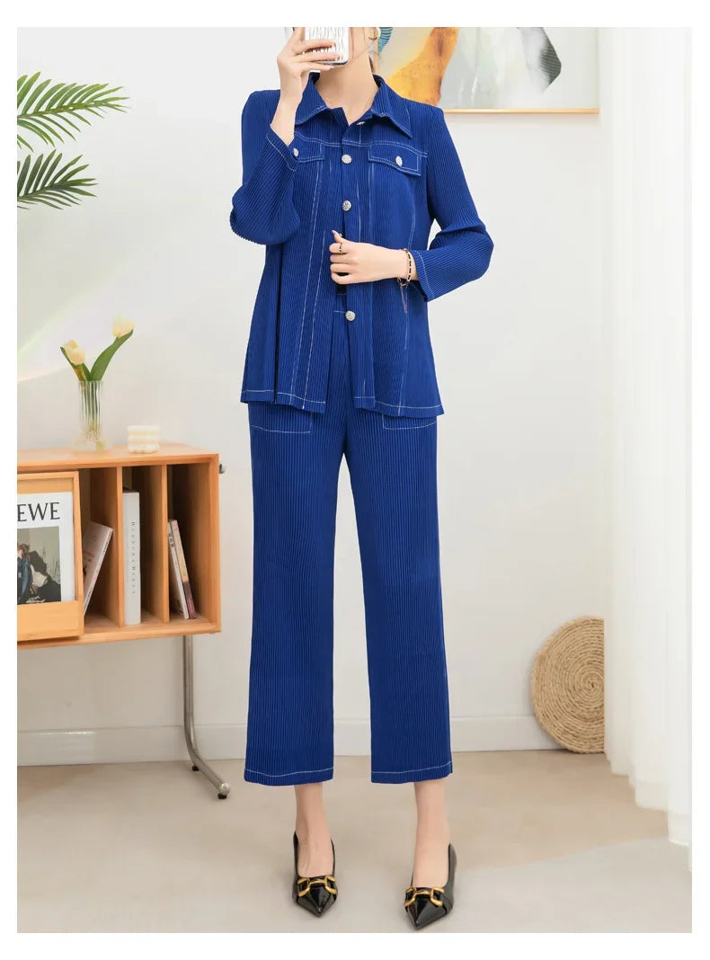 Wrinkle fashion casual suit for women high-end and casual loose fit plus size shirt collar top straight leg pants [20240514]