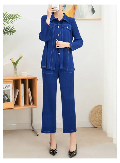 Wrinkle fashion casual suit for women high-end and casual loose fit plus size shirt collar top straight leg pants [20240514]