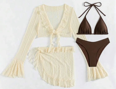 2025 Sexy Four-piece Women Swimsuit Long-sleeve Cover-up Swimwear Summer Solid Bikini Set Brazilian Beachwear Party bathing suit