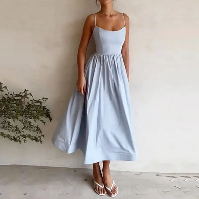 Women's Off The Shoulder Midi Dress 2024 Summer New Solid Color Sexy U-Neck Strap Large Swing Dress For Women Vestidos De Mujer
