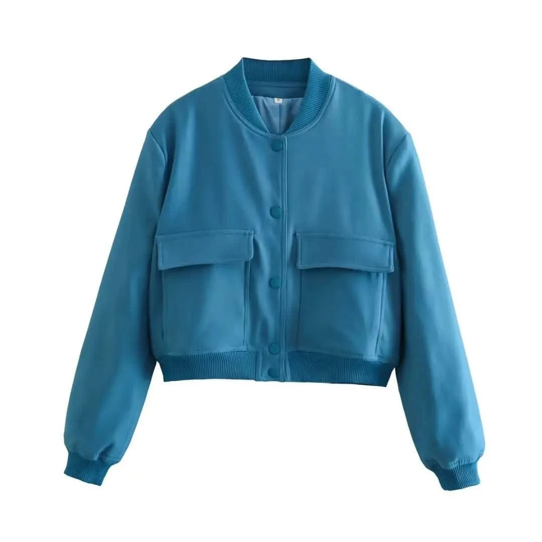 Women Fashion Solid Bomber Jackets Coat With Pockets V-Neck Single Breasted