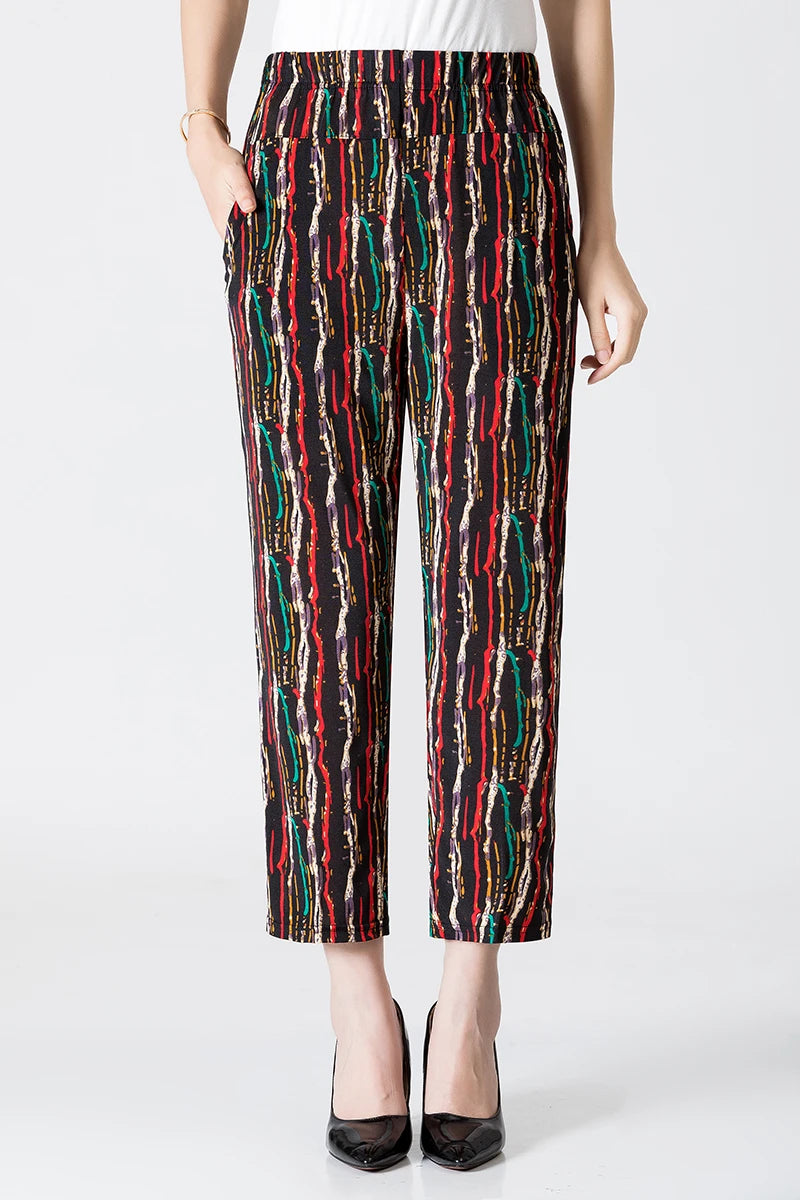 XL-8XL Summer Women Harem Pants Casual High Waist Pants Printed Elastic Waist Middle Aged Women Trousers Summer Bottoms