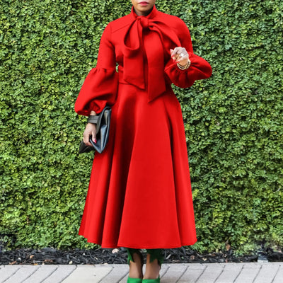 Elegant Dresses for Women Bow Collar Full Sleeve High Waisted Pleated Mid Calf Luxury Birthday Party Dinner Vestidos Mujer Dress