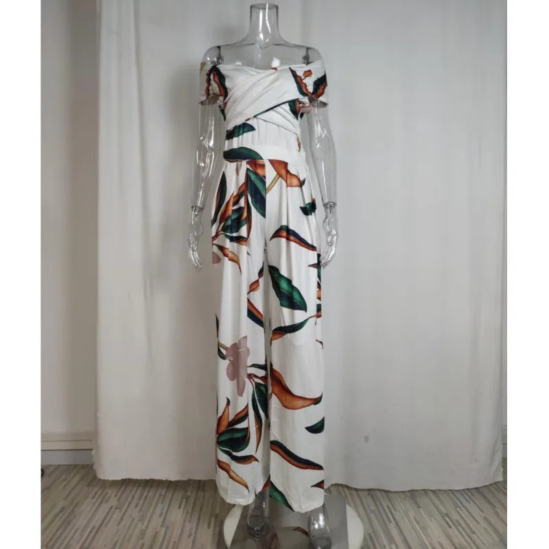 Women's Fashion Printed Casual High Waist Jumpsuit Ladies Sexy Off Shoulder Flower Short Sleeve Wide Leg Jumpsuit Woman Rompers