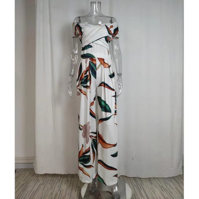 Women's Fashion Printed Casual High Waist Jumpsuit Ladies Sexy Off Shoulder Flower Short Sleeve Wide Leg Jumpsuit Woman Rompers