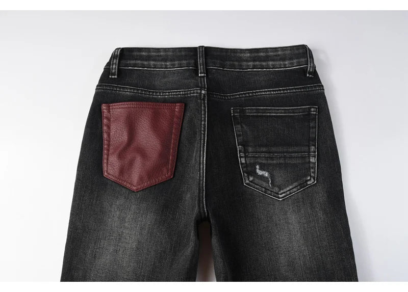Fashionable new men's jeans with pleats, washed water, nostalgic perforations, red patches, men's black and gray jeans, high str