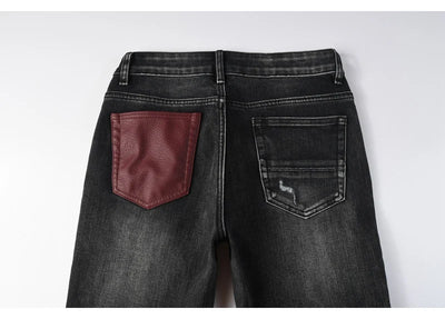 Fashionable new men's jeans with pleats, washed water, nostalgic perforations, red patches, men's black and gray jeans, high str