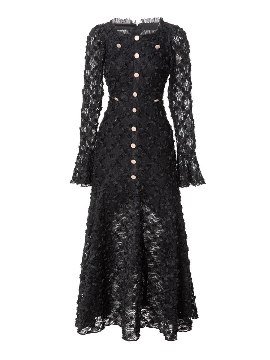 TWOTWINSTYLE Solid Spliced Button Slimming Dresses For Women O Neck Long Sleeve High Waist Temperament Dress Female Fashion New