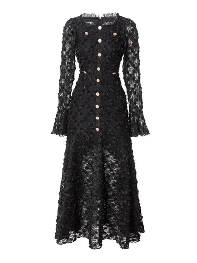 TWOTWINSTYLE Solid Spliced Button Slimming Dresses For Women O Neck Long Sleeve High Waist Temperament Dress Female Fashion New