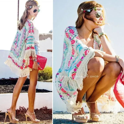 Women Shirts Summer Holiday Boho Floral Print Thin See Through Tassel Half Sleeve Cardigan Beachwear Cape Shirts Woman Tops