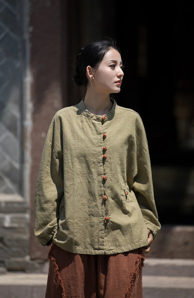 Cotton Linen Women's Literary Vintage Ramie Tops Shirt Women's Patchwork Colour Plate Button Lapel Cardigan Jacket Chinese Style