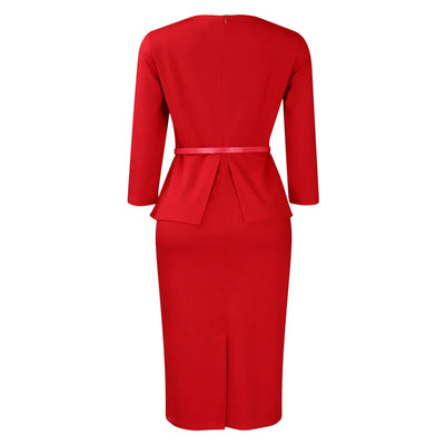 Dress Office Wear for Women Professional Skew Collar Three Quarter Sleeve Belt Waisted Sheath Package Hips Mid Calf Formal Dress