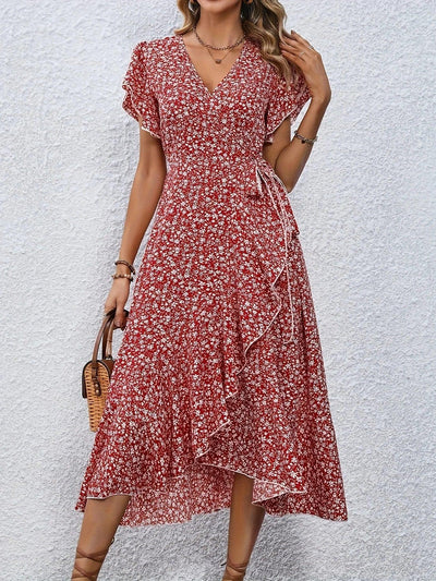 Summer Dresses for Women Sexy V Neck Short Sleeve Irregular High Waist Lace-up Flower Print Dress Casual Beach Dresses