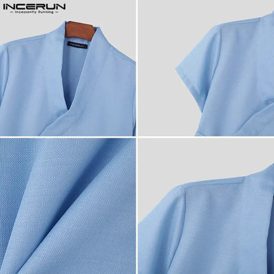 INCERUN Tops 2024 American Style New Men Diagonal Placket Texture Belt T-shirts Summer Casual Solid Short Sleeved Camiseta S-5XL