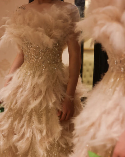 Sharon Said Luxury Dubai Feathers Princess Ball Gown Cream Evening Dress for Women Wedding Engament Party Dress SS732 Customized