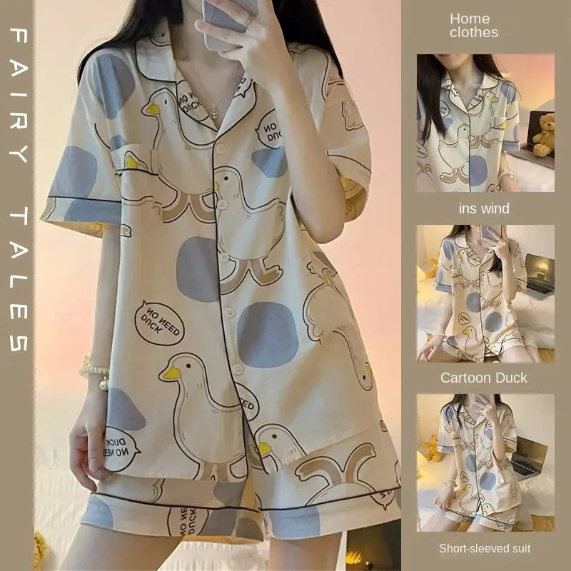 Women's Pajamas Loungewear Cartoon Goose Nightwear Homewear Ladies Tops and Pants V-Neck Sleepwear Comfortable and Breathable