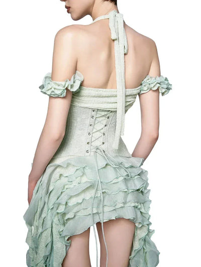 Women Ruffles Draped Dress Three Piece Sets Sexy Halter Neck Folds Ruffled Dress+Lace-up Corset Top+Shorts Suits Party Cocktail