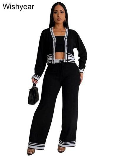 Casual Active Wear Knitted Tracksuit Women 3 Piece Set Sporty Fitness Striped Top + Bra+ Wide Leg Pants Outfits Jogging Femme