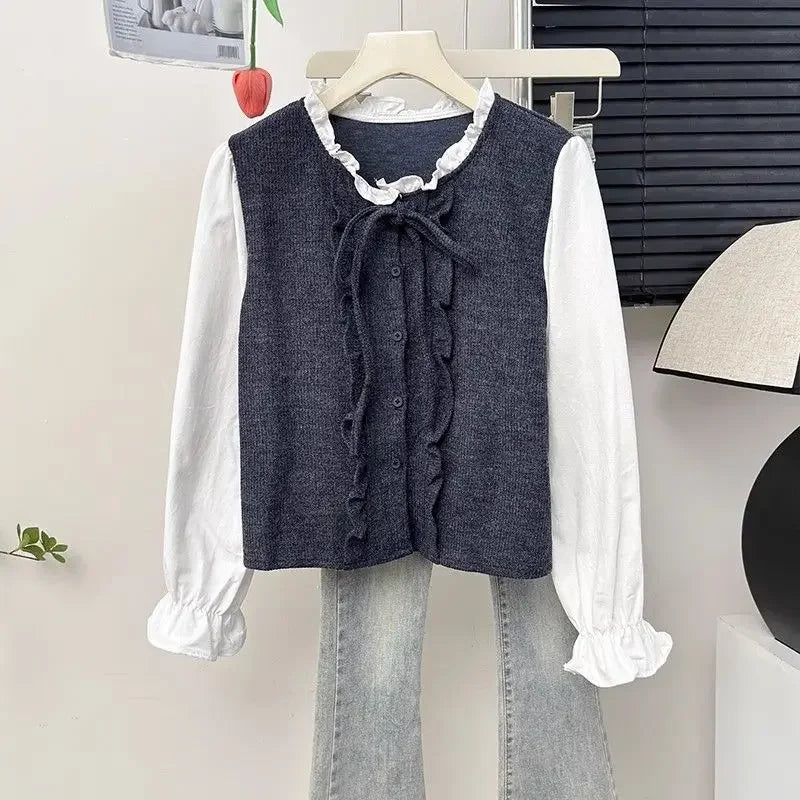French Ruffle Bow Tie Long Sleeve Blouse Women's Autumn Luxury Chic