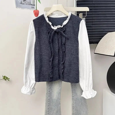 French Ruffle Bow Tie Long Sleeve Blouse Women's Autumn Luxury Chic