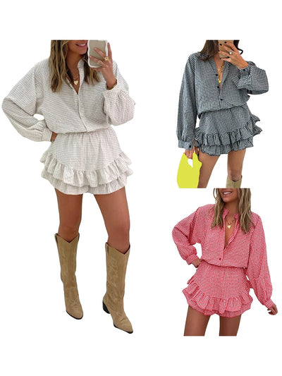 Women's Aesthetic 2 Piece Clothes Outfits Sets Plaid Long Sleeve Button Down Shirts Tops Tiered Ruffle Skirted Shorts Loungewear