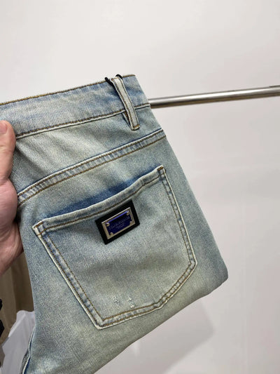 2024 New Ripped Jeans Men's Retro Light Blue Slim-Fitting Small Straight Stretch High-End Affordable Luxury Casual Trousers