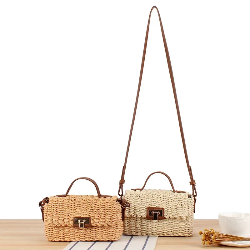 Handmade Women's Shoulder Bag Summer Straw Beach Bag Bohemian Female Handbags Fashion Square Flap Lock Designer Shopper Purse