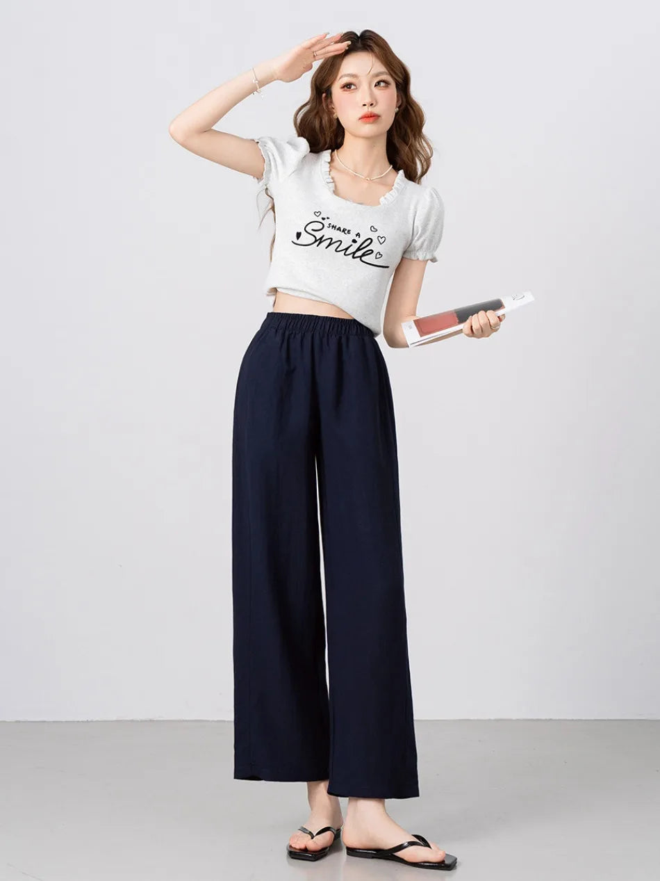New Wide-leg Pants Women Clothing Summer Thin Loose Straight Casual Pants Solid High Waist Drape Nine-point Literary Pants