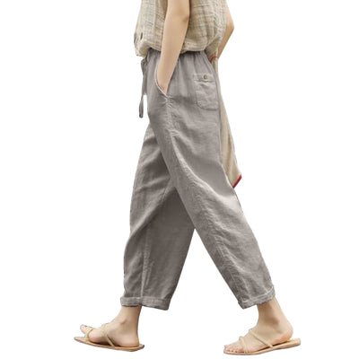 Women Solid Cotton Linen Pants Casual Baggy Elastic Waist Cropped Trousers Basic Wide Leg Linen Pants Pantalones De Mujer