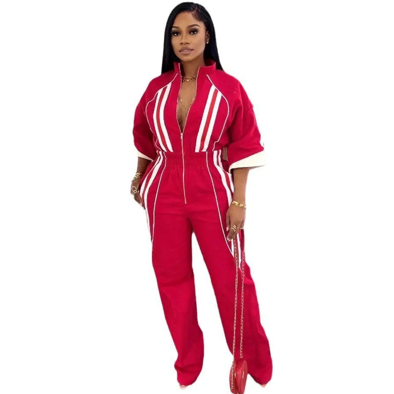Women Jumpsuits For Spring 3/4 Sleeve Print Stripe Loose Fashion Streetwear Overalls Wide Leg Pants Trousers 2025 Summer