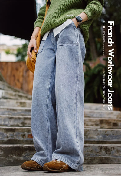 Maden Vintage Straight Denim Jeans with Washed YKK Zipper Loose Fit Casual Trousers for Women's Fall and Winter Versatile Pants